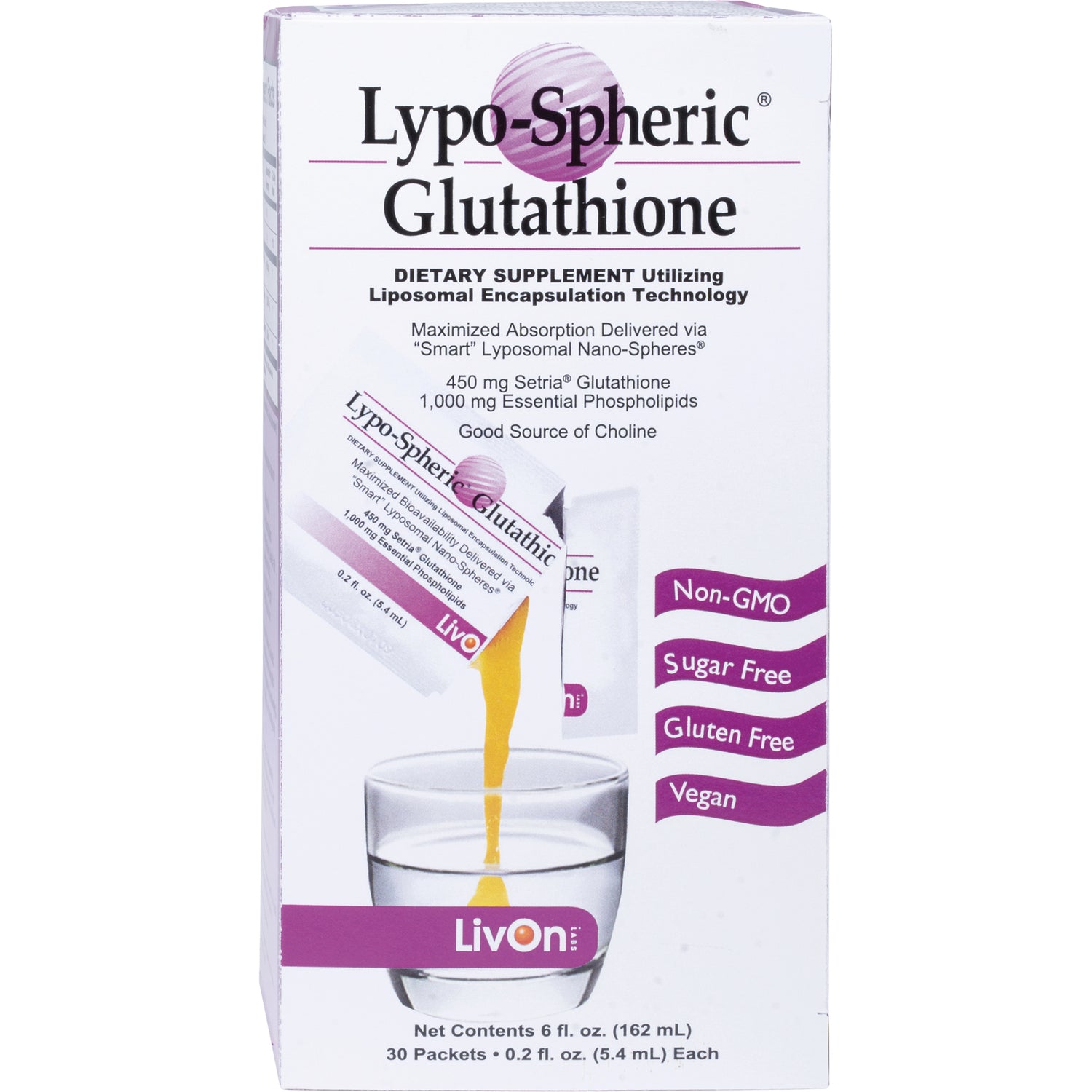 LVL002 | Front of Lypo-Spheric Glutathione box showing packet pouring into a glass, LivOn logo and Non-GMO Sugar Free Gluten Free Vegan badges