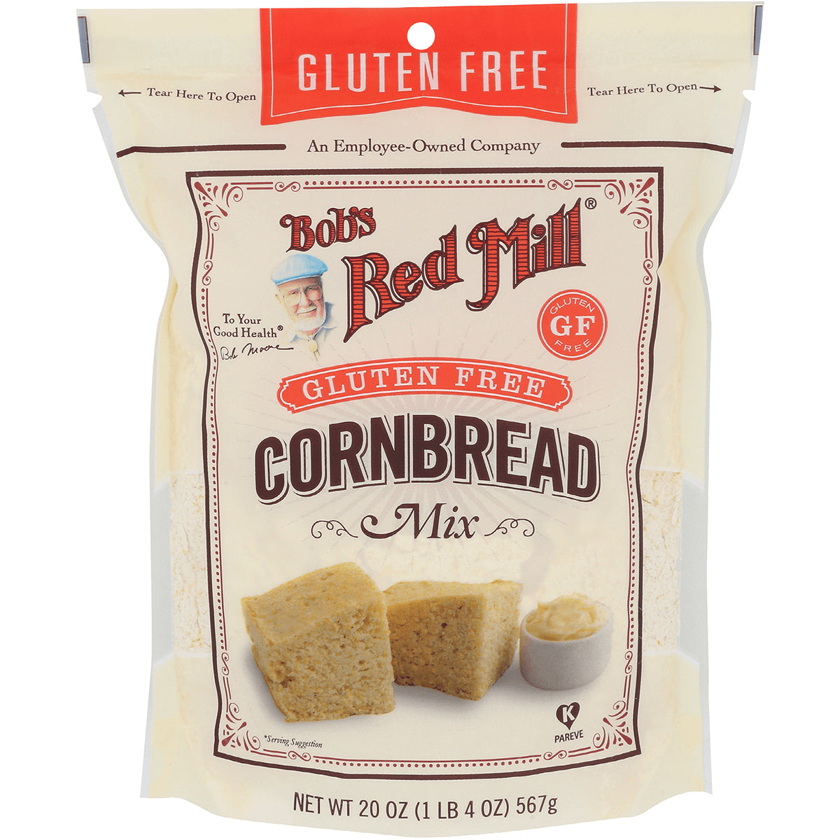 BOB449 | Bob's Red Mill gluten free cornbread mix front pouch showing product name and two cornbread squares
