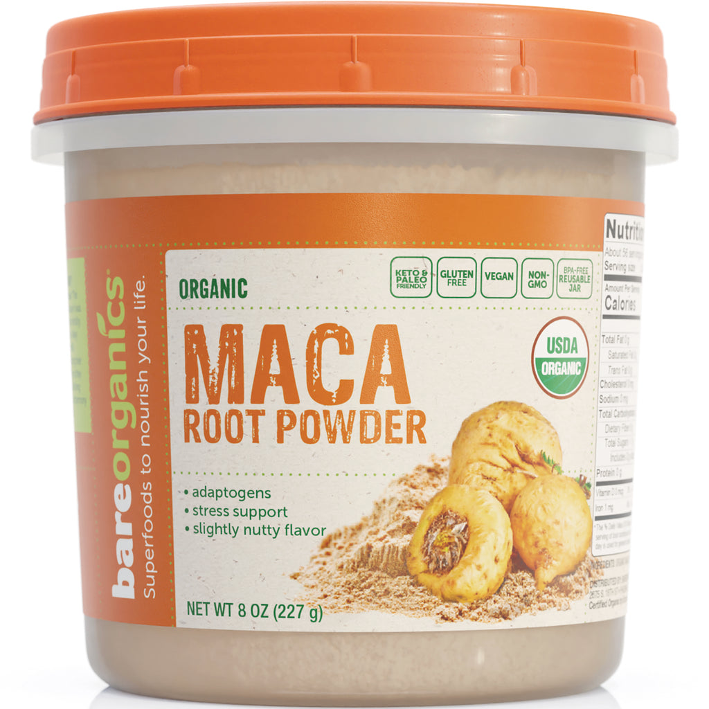BareOrganics container labeled MACA ROOT POWDER, 8 oz jar with maca root image and USDA Organic seal - Thumbnail