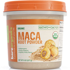 BareOrganics container labeled MACA ROOT POWDER, 8 oz jar with maca root image and USDA Organic seal