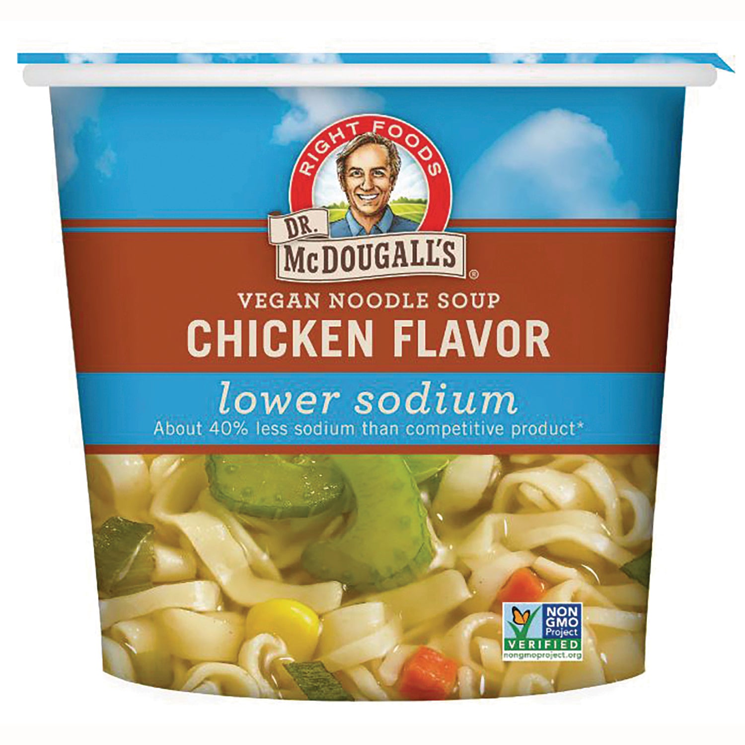 DMD005 | Dr. McDougall's vegan noodle soup chicken flavor cup labeled lower sodium