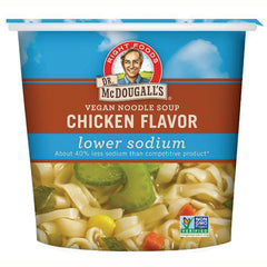 DMD005 | Dr. McDougall's vegan noodle soup chicken flavor cup labeled lower sodium