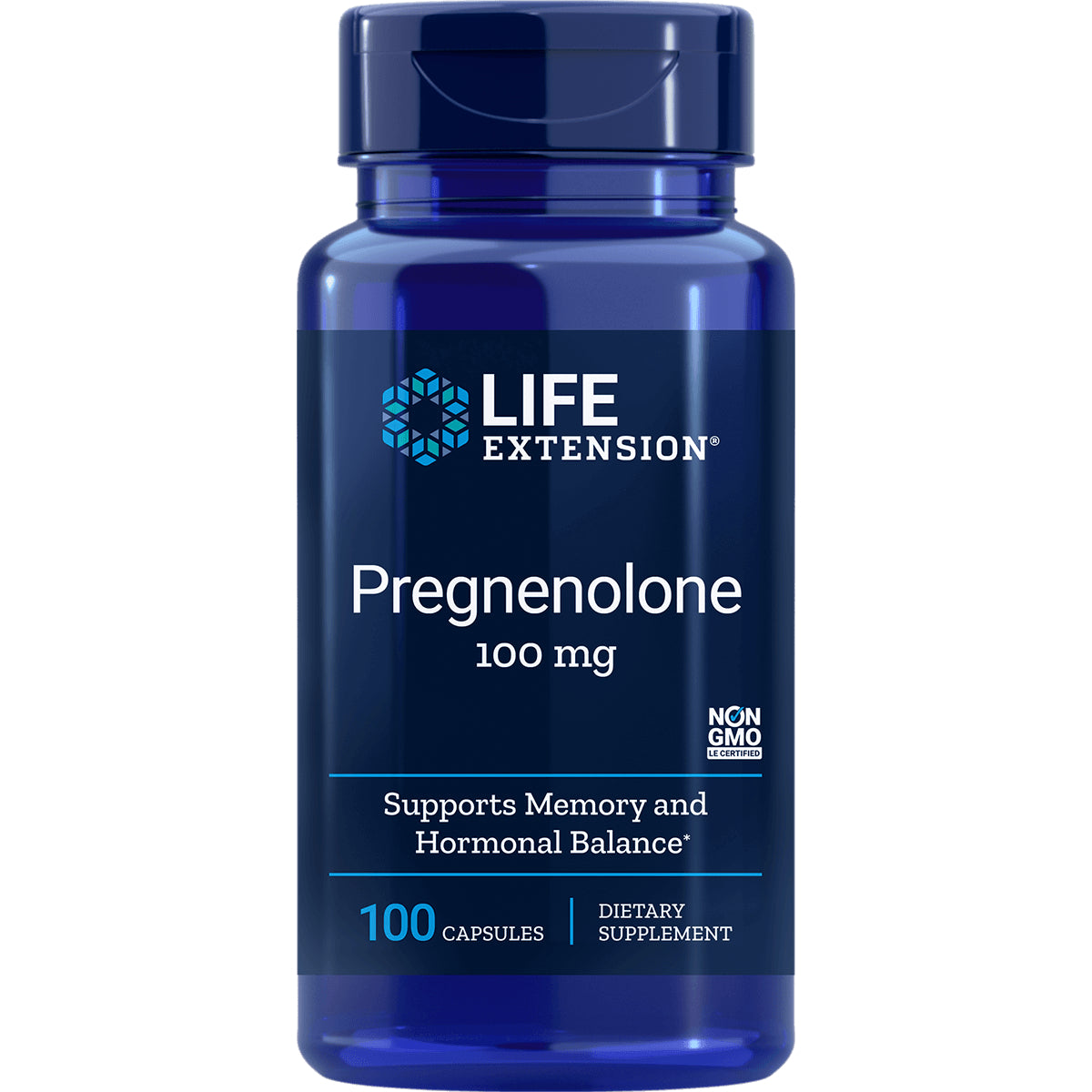 LE137 | Life Extension Pregnenolone 100 mg supplement bottle front label, 100 capsules
