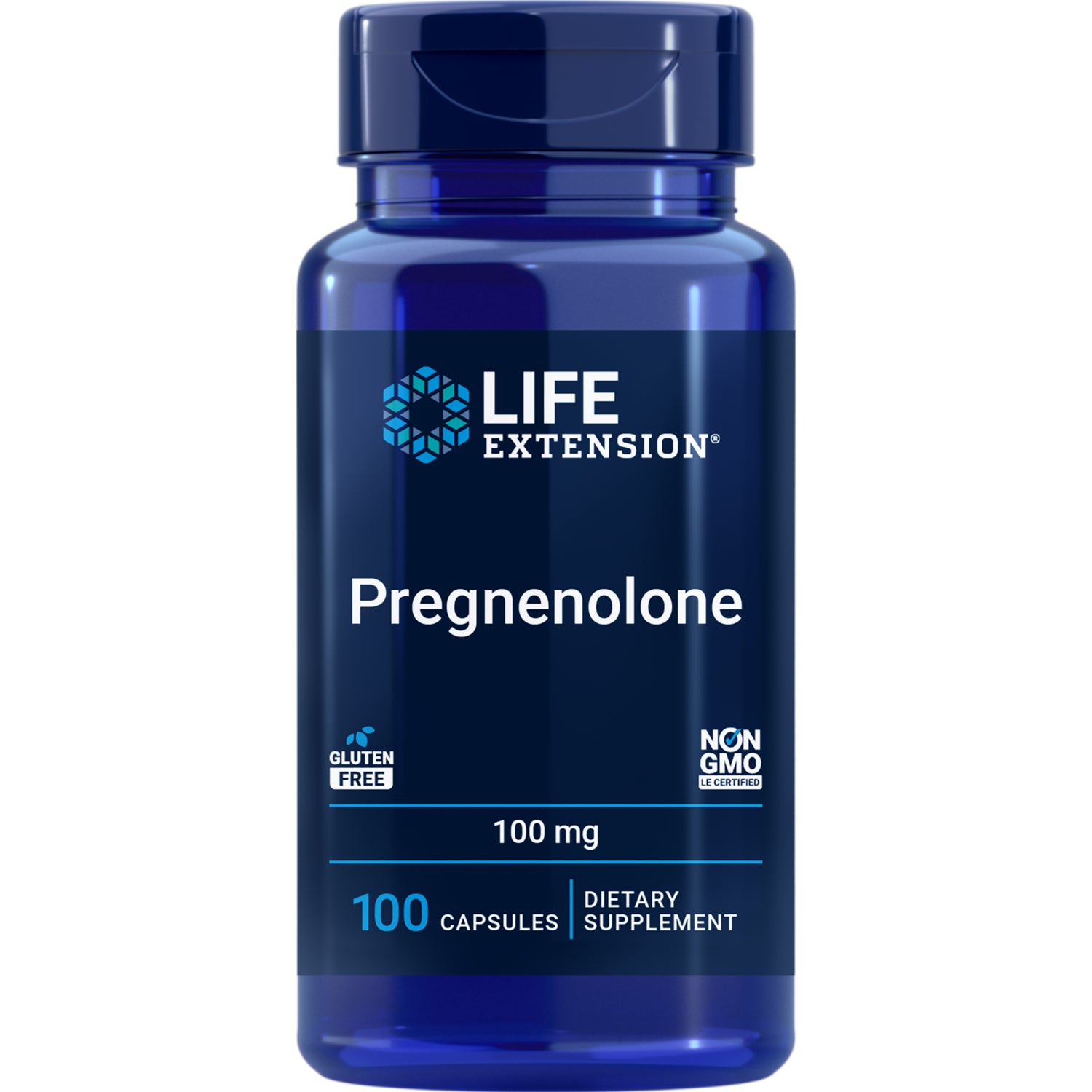 LE137 | Life Extension Pregnenolone 100 mg supplement bottle front label, 100 capsules
