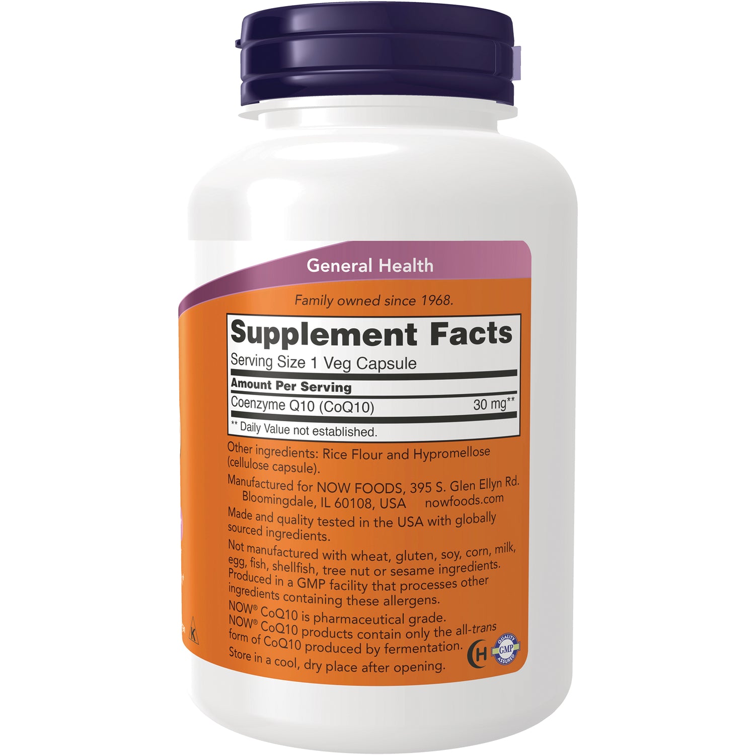 NWF1042 | Back of white supplement bottle showing Supplement Facts panel listing Coenzyme Q10 (CoQ10) 30 mg and other ingredients