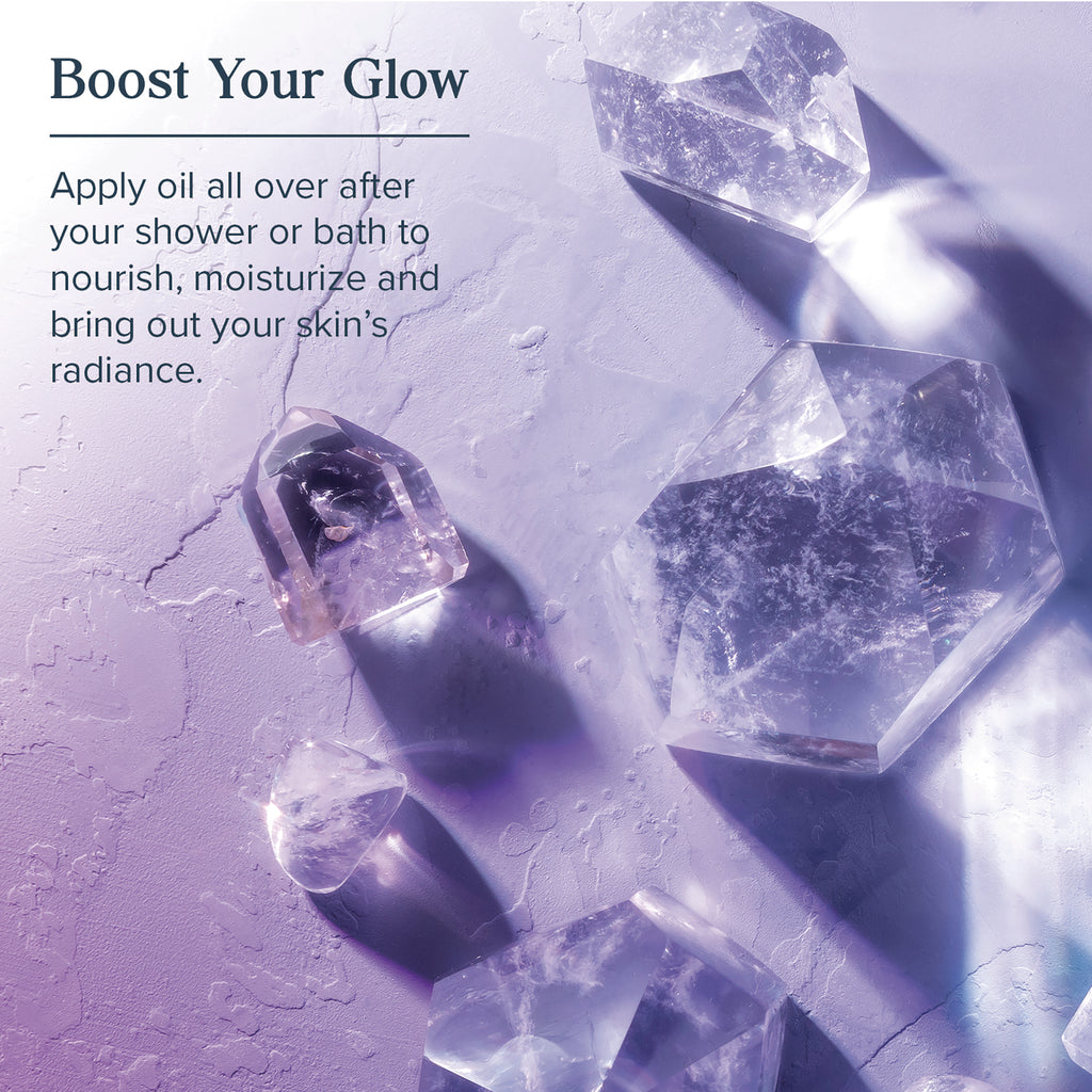 HTG004 | product infographic with purple crystals and visible text Boost Your Glow plus instructions to apply oil after shower - Thumbnail