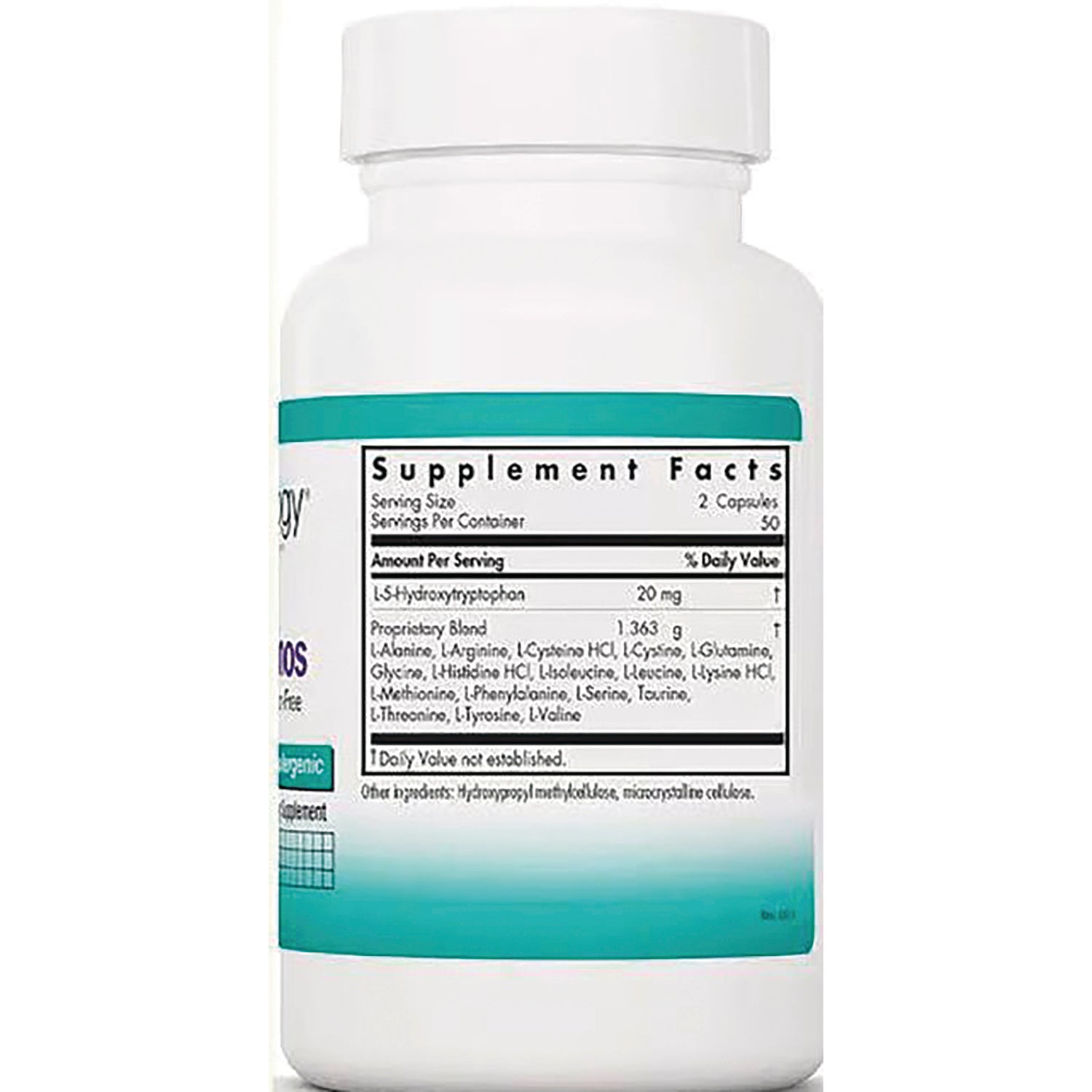 NCL096 | Back of white supplement bottle showing Supplement Facts label with teal band and ingredient panel