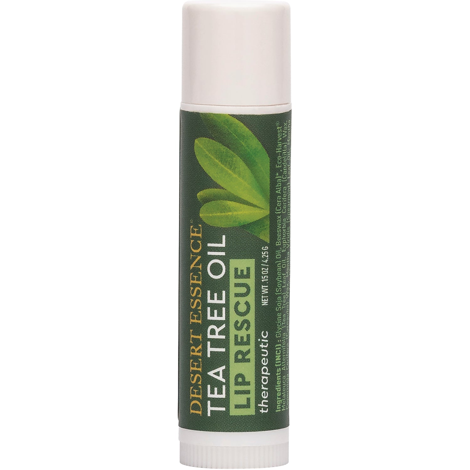 DST054 | Desert Essence TEA TREE OIL LIP RESCUE lip balm tube with green label and white cap