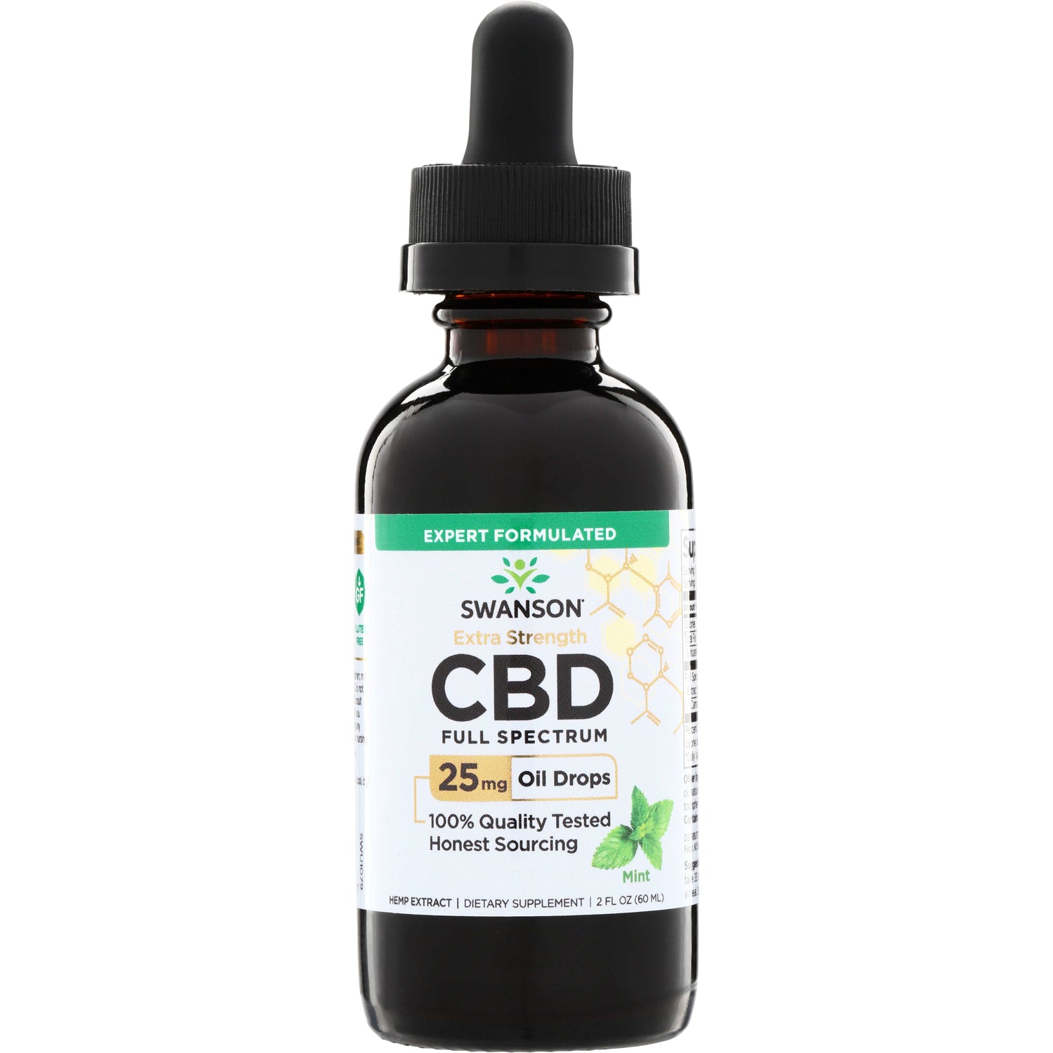 SWU1079 | Amber glass dropper bottle labeled Swanson Extra Strength CBD Full Spectrum 25 mg oil drops mint