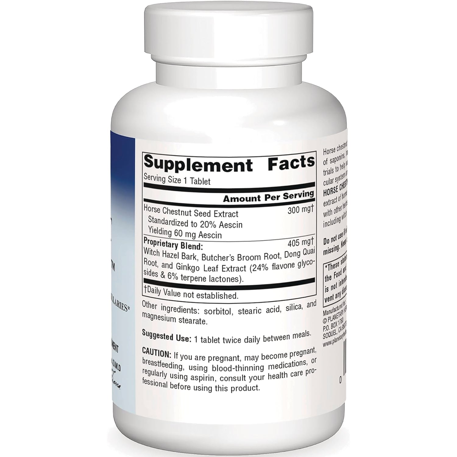 PF116 | bottle back label showing Supplement Facts panel and caution text for horse chestnut extract supplement