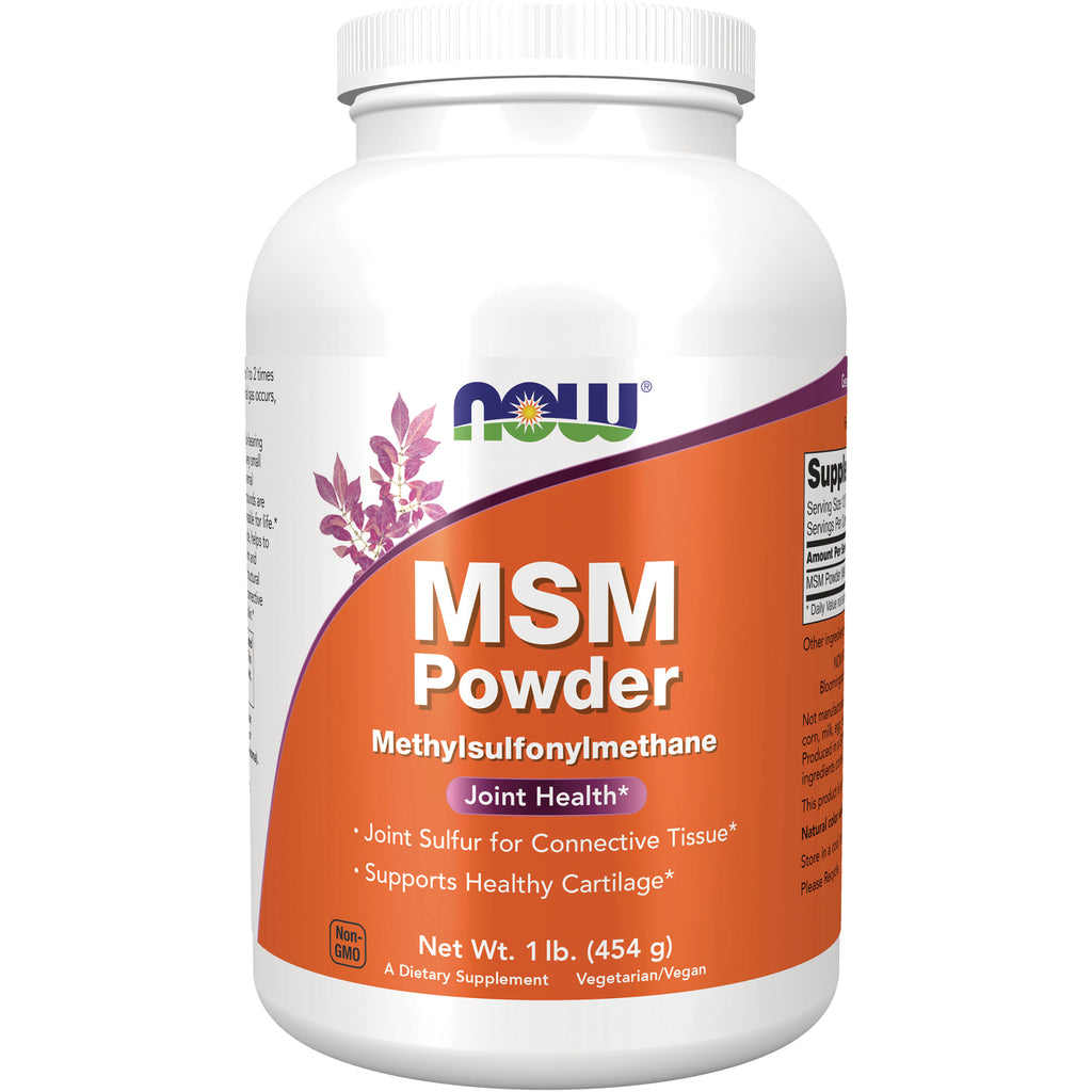 NWF197 | White bottle of NOW MSM Powder supplement front label reading MSM Powder Methylsulfonylmethane Joint Health Net Wt. 1 lb (454 g) - Thumbnail