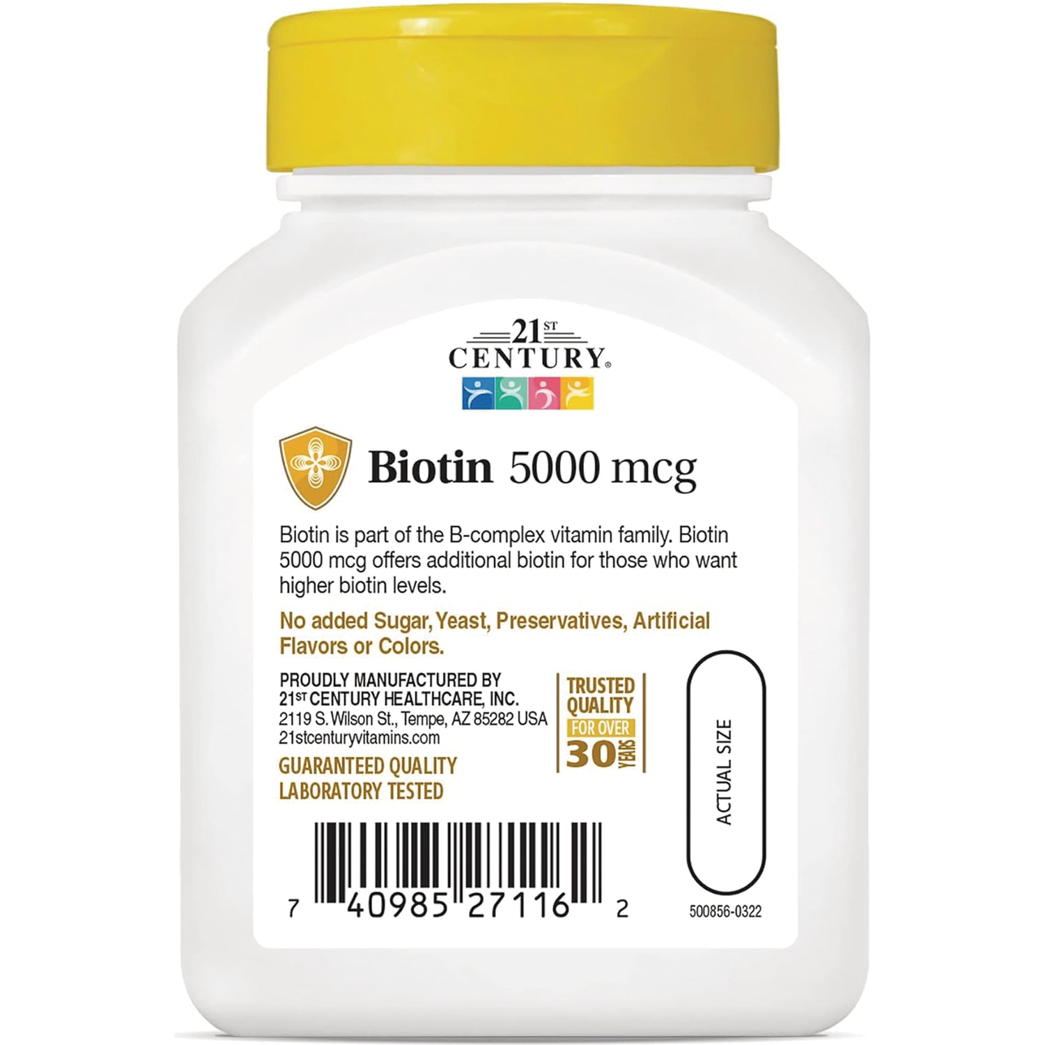 CNT015 | White supplement bottle label reading Biotin 5000 mcg with product claims, quality badge and barcode