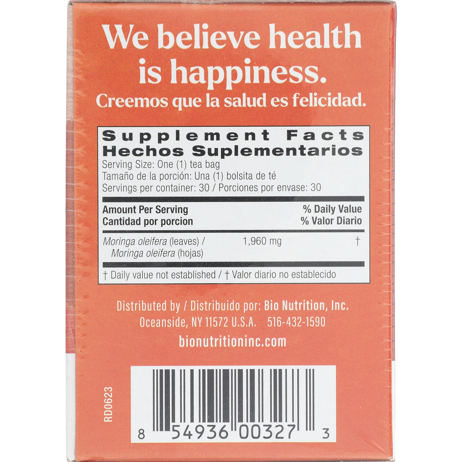 BNN047 | back of orange box showing Supplement Facts in English and Spanish, serving size One (1) tea bag and barcode