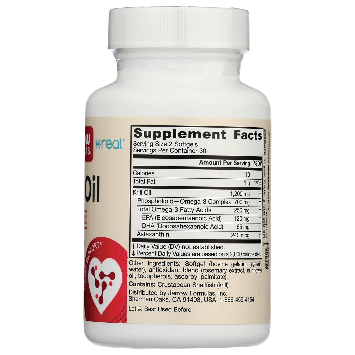 JR093 | Supplement Facts label on back of krill oil bottle showing serving size, krill oil amounts and ingredients