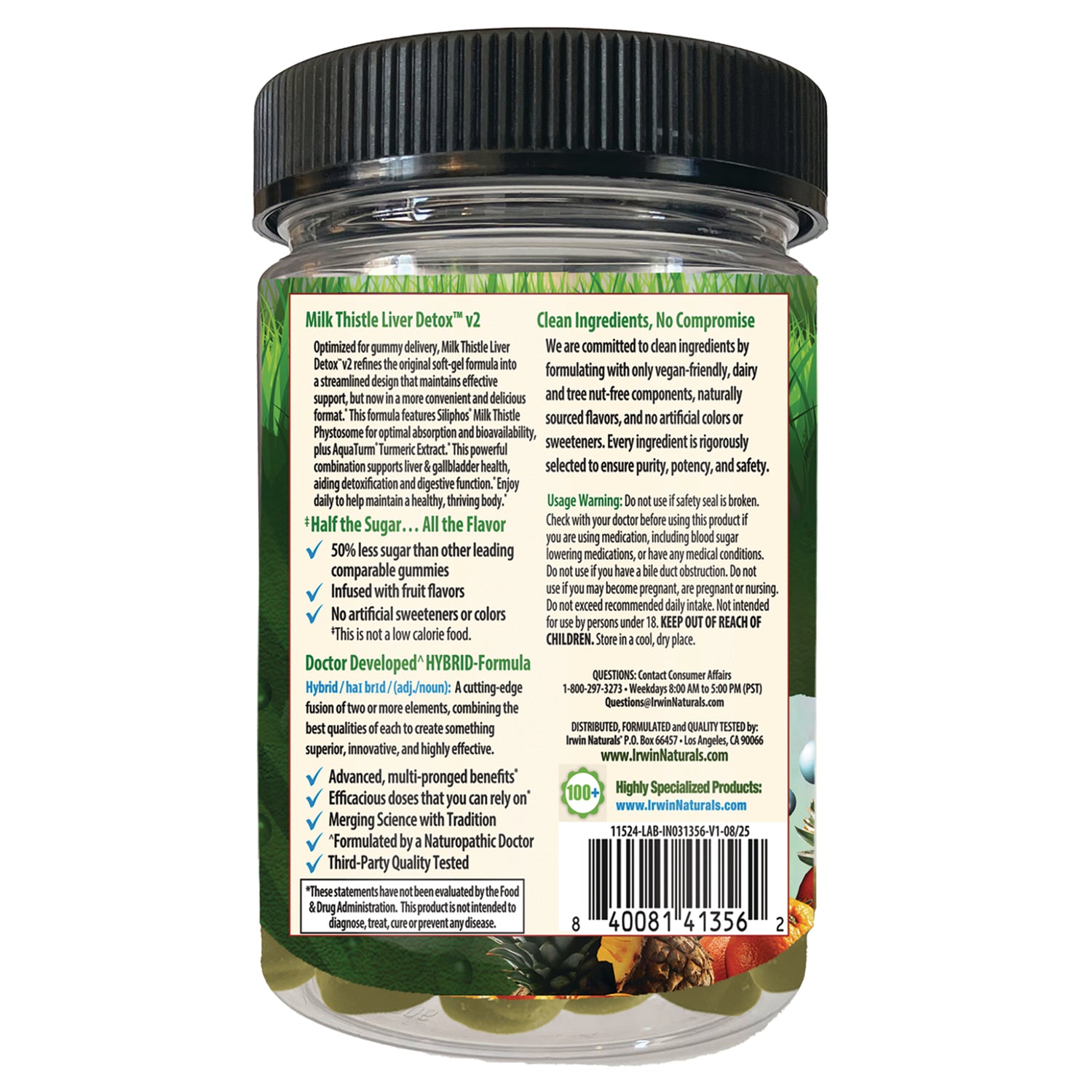 IR308 | back label of supplement jar showing ingredients, usage warnings, product claims, and barcode