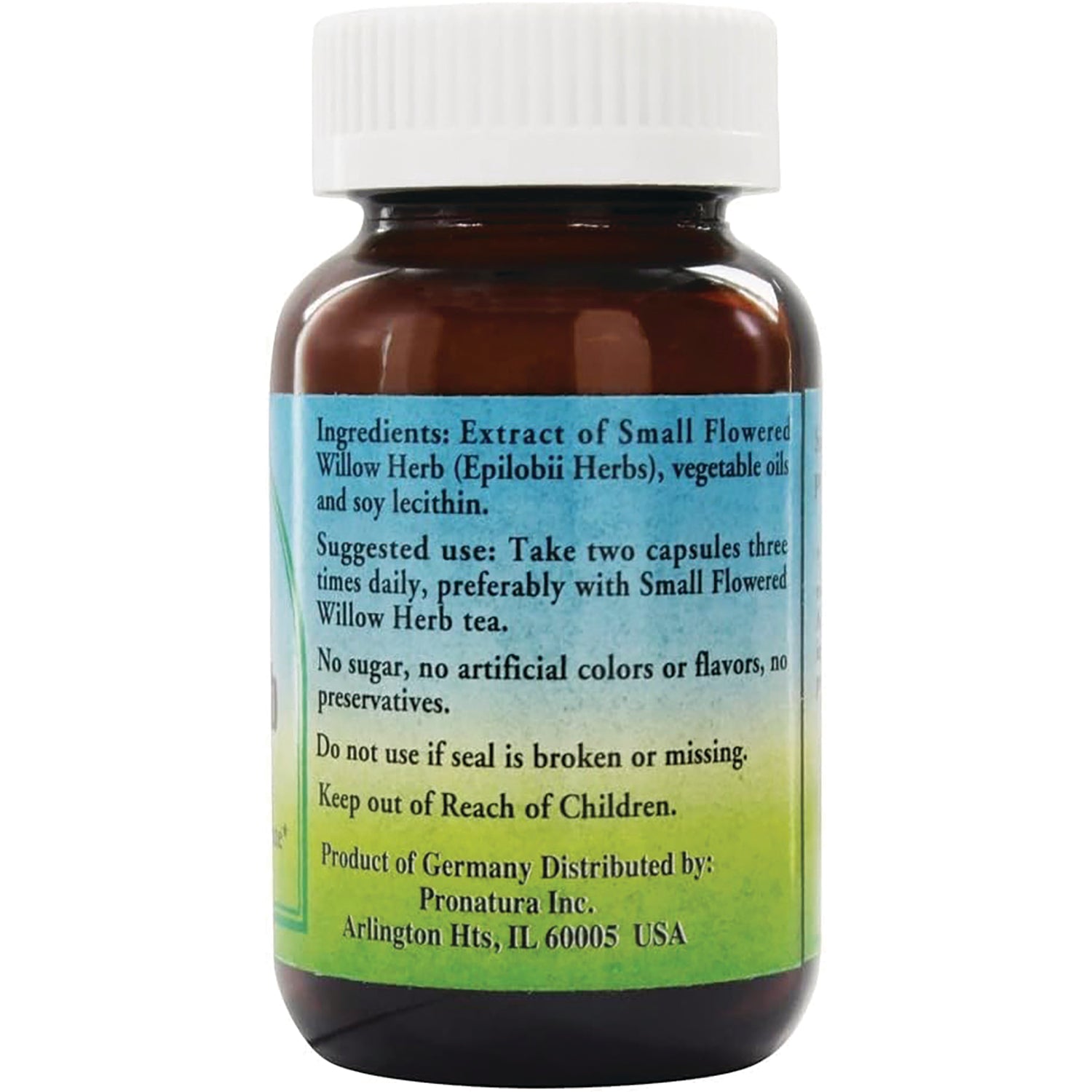 PNA003 | back label of brown supplement bottle showing ingredients, suggested use, warnings, and distributor info