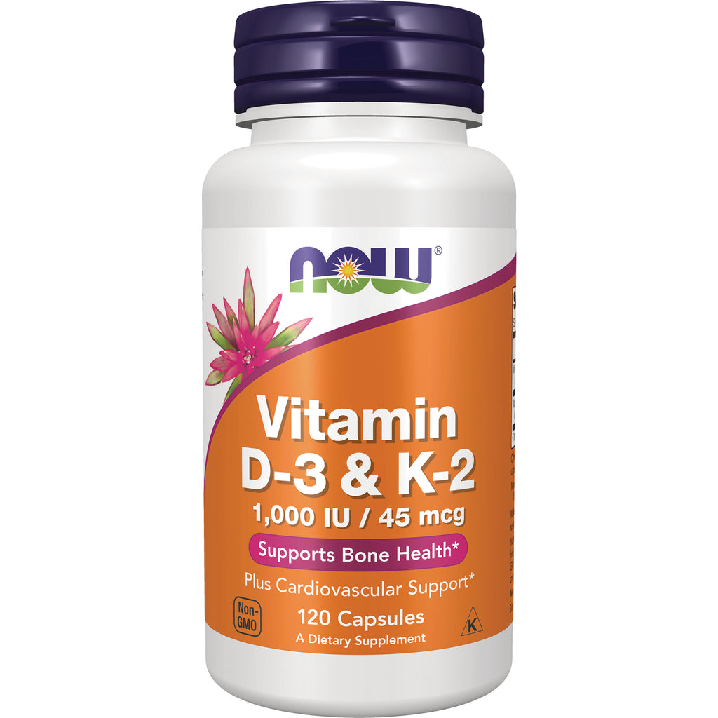 NWF581 | White bottle of NOW Vitamin D-3 & K-2, 1,000 IU/45 mcg, 120 capsules, supports bone health - Thumbnail