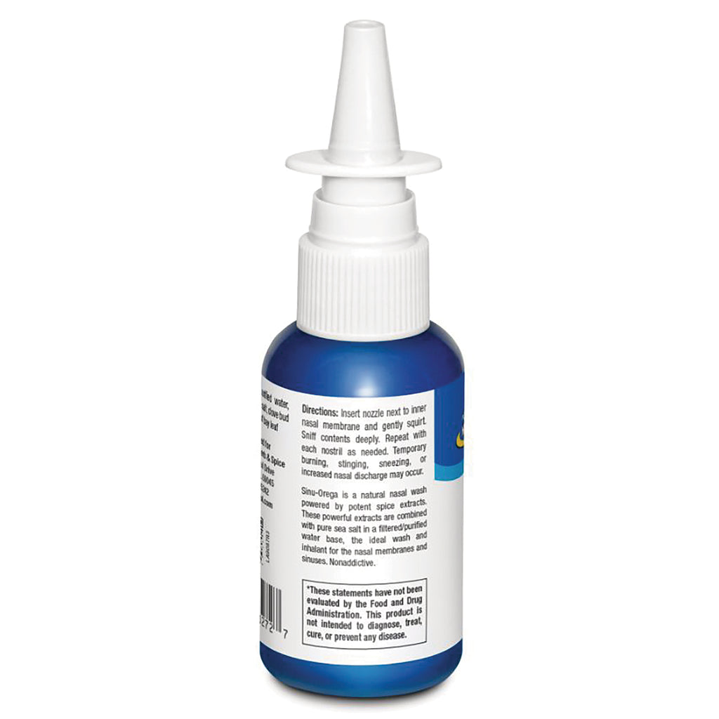 NHS025 | blue nasal spray bottle showing back label with directions, warnings, and barcode - Thumbnail