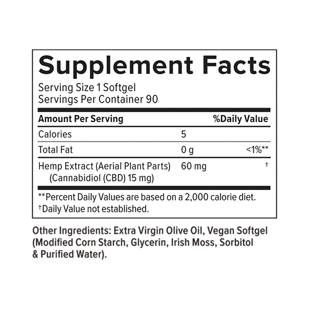 CV026 | Supplement facts label showing serving size 1 softgel, 90 servings, hemp extract 60 mg (CBD 15 mg) and other ingredients - Thumbnail