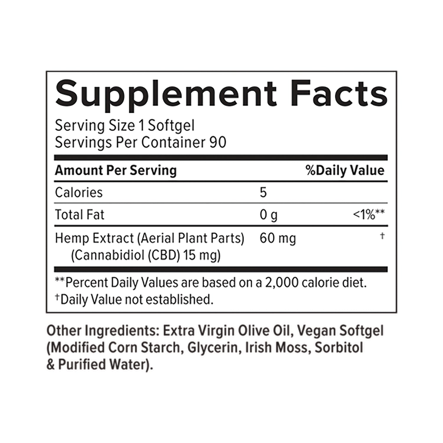 CV026 | Supplement facts label showing serving size 1 softgel, 90 servings, hemp extract 60 mg (CBD 15 mg) and other ingredients