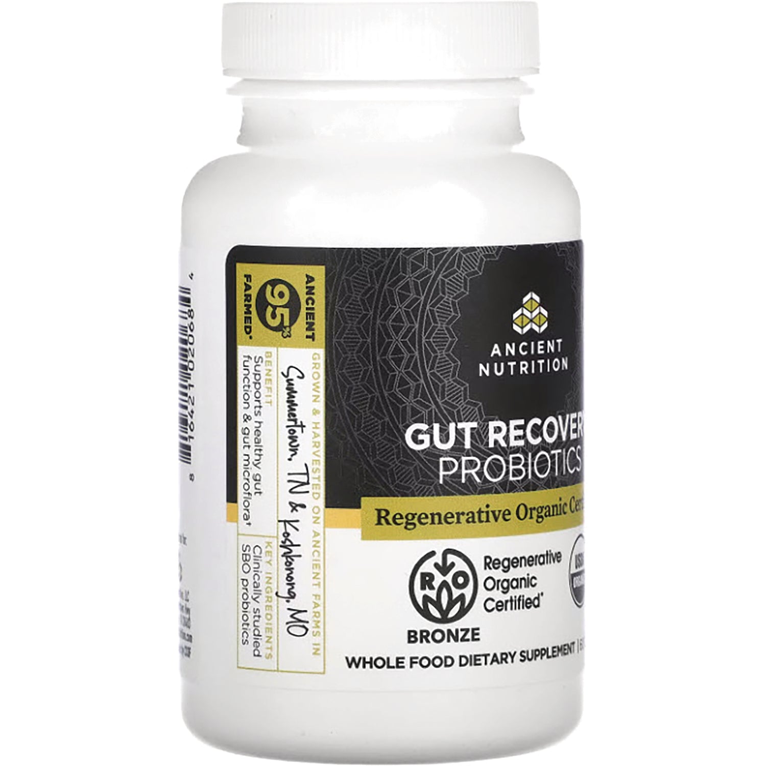 ATN119 | Gut Recovery probiotics bottle with Ancient Nutrition label and Regenerative Organic Certified bronze seal