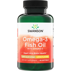 SW1309 | Swanson Omega-3 Fish Oil with Vitamin D, 1,000 mg per softgel, Lemon Flavored, 60 softgels
