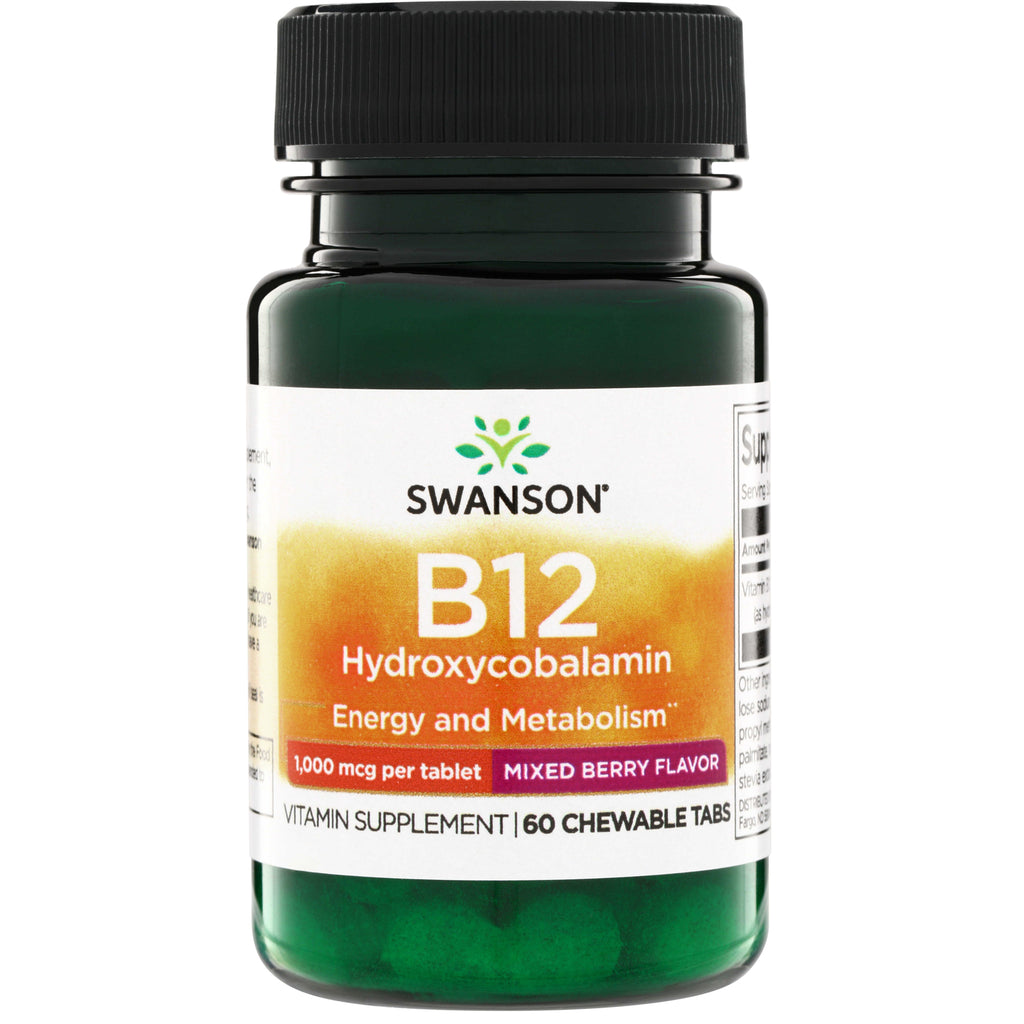 SWU869 | Swanson B12 Hydroxocobalamin, 1,000 mcg per tablet, mixed berry flavor, 60 chewable tabs - Thumbnail