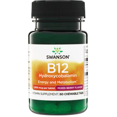 SWU869 | Swanson B12 Hydroxocobalamin, 1,000 mcg per tablet, mixed berry flavor, 60 chewable tabs