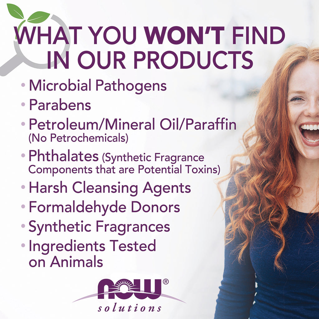 NWF515 | Infographic listing ingredients not in products: parabens, petrochemicals, phthalates, synthetic fragrances, animal testing; smiling woman - Thumbnail