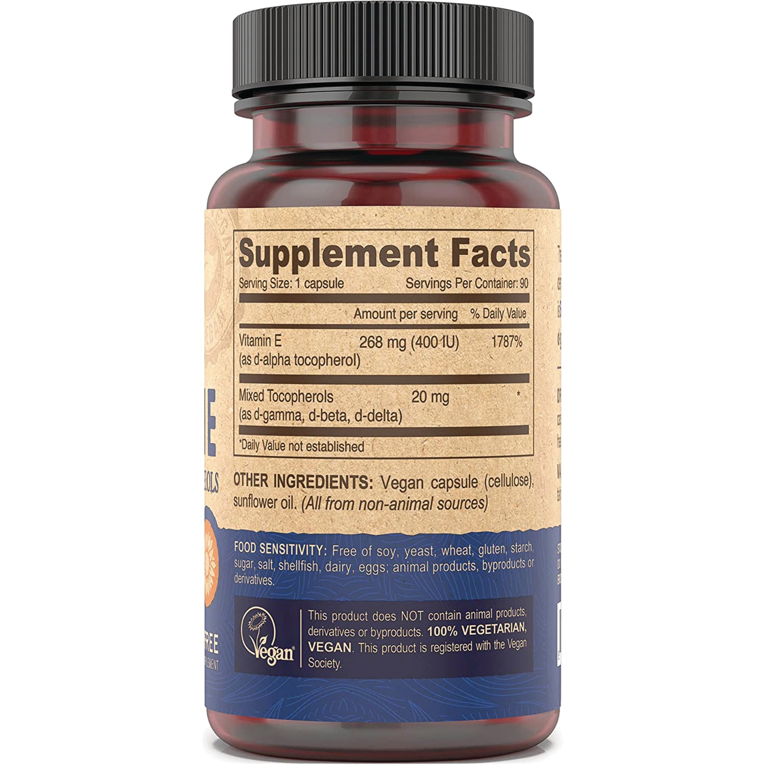 DEV035 | Supplement Facts panel and other ingredients on back label of amber supplement bottle