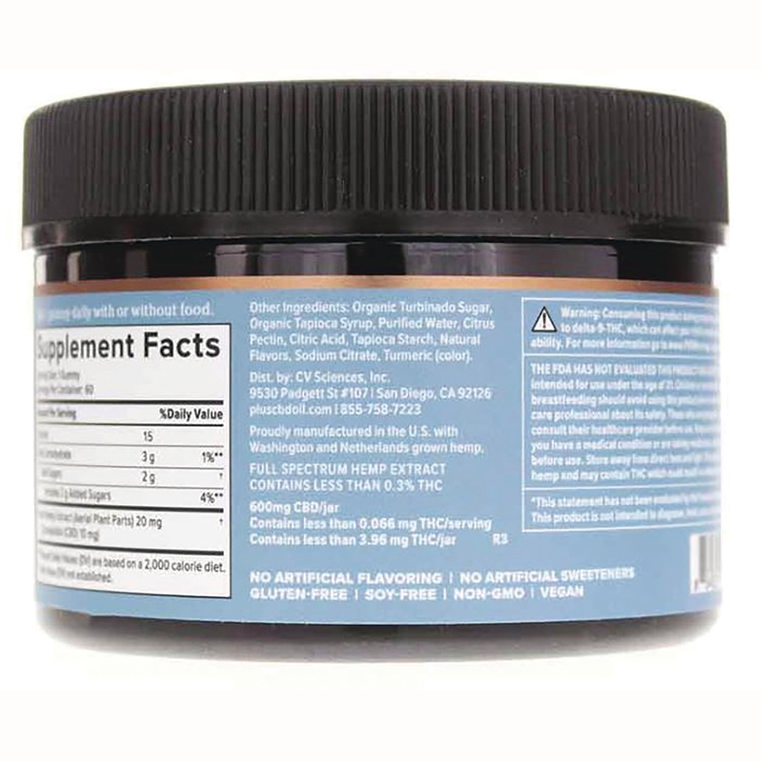 CV024 | Back of jar showing Supplement Facts, ingredients, and product information on blue label