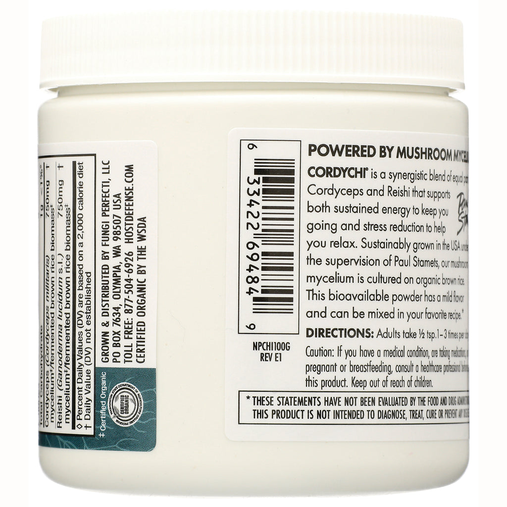 FUN044 | Back label of white supplement jar showing barcode, directions, nutrition panel and organic certification - Thumbnail