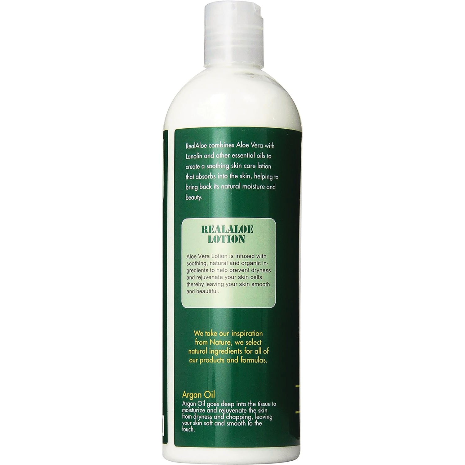 RA013 | Back of white lotion bottle with green REALALOE LOTION label and ingredient text