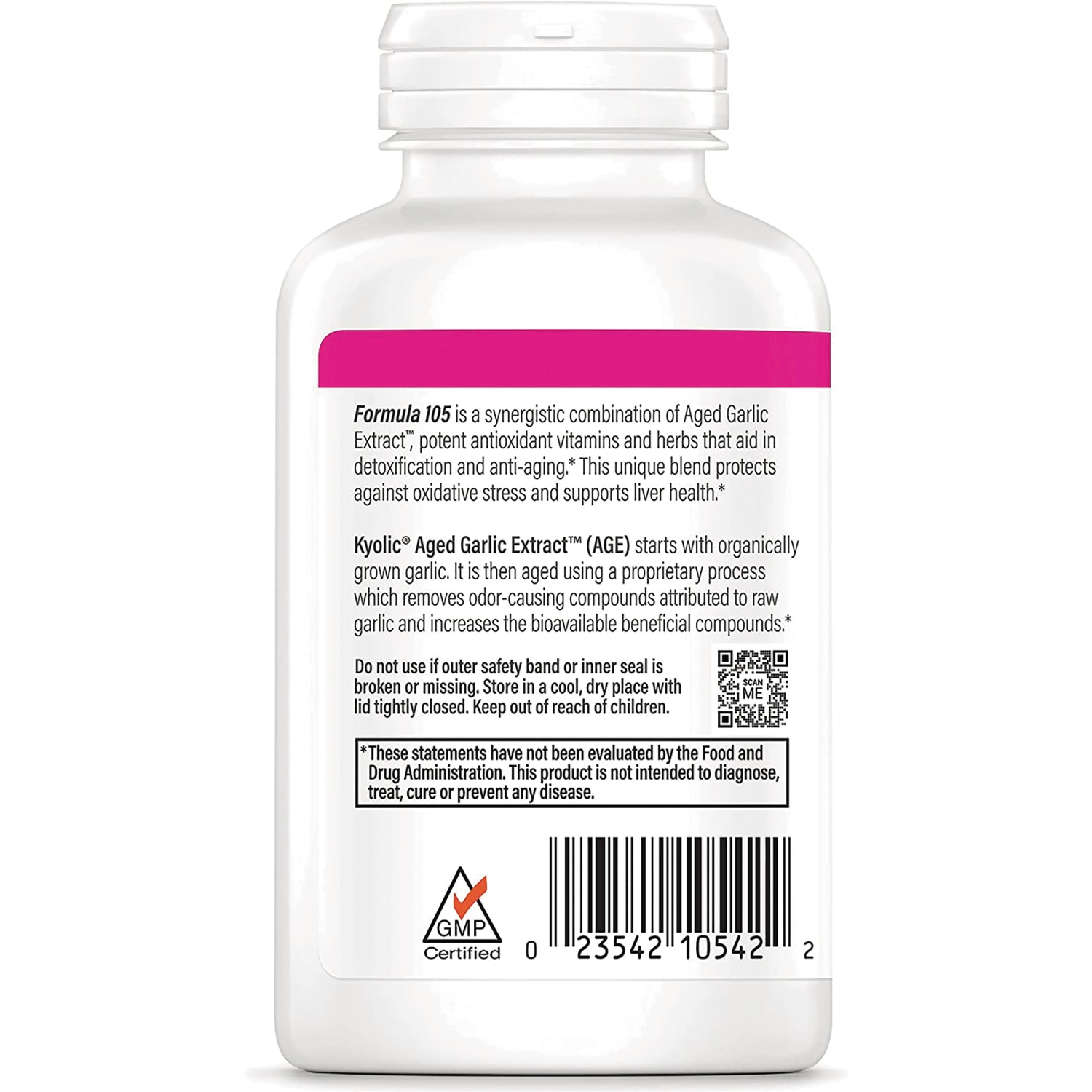 KY083 | Back label of white supplement bottle showing product description, warnings, barcode and GMP certified logo