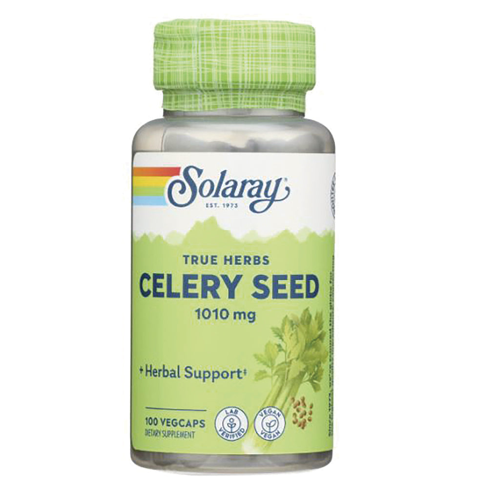 SLR339 | Solaray Celery Seed 1010 mg supplement bottle front label with green cap, 100 vegcaps - Thumbnail