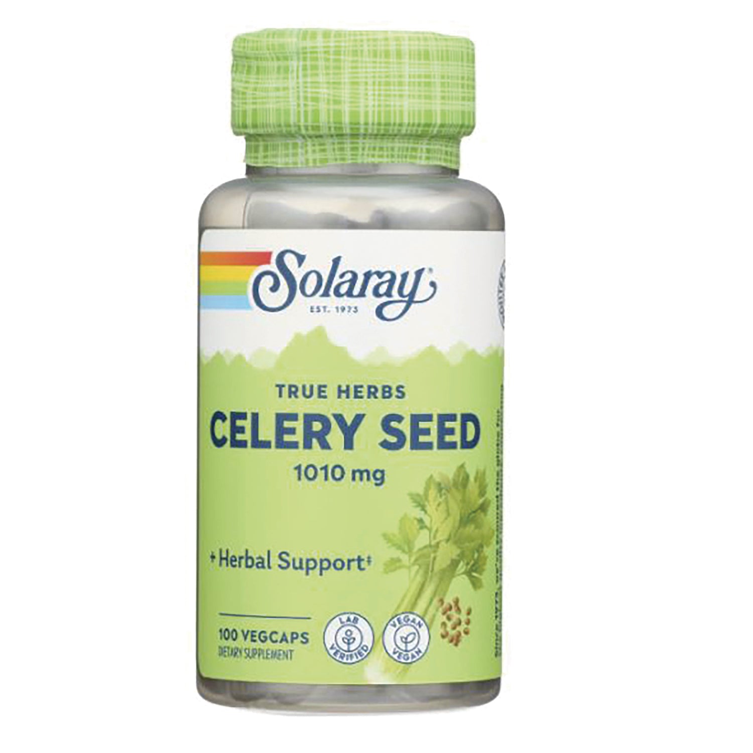 SLR339 | Solaray Celery Seed 1010 mg supplement bottle front label with green cap, 100 vegcaps