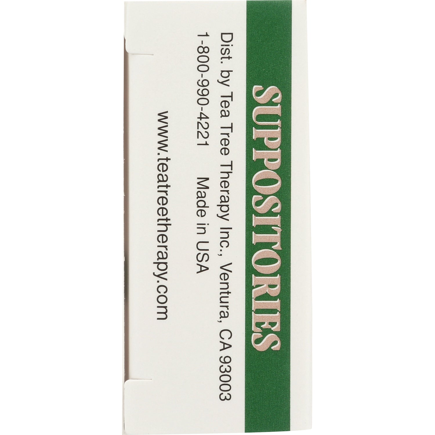 TTT008 | Side panel reading 'SUPPOSITORIES'; Tea Tree Therapy info, 1-800-990-4221, Made in USA