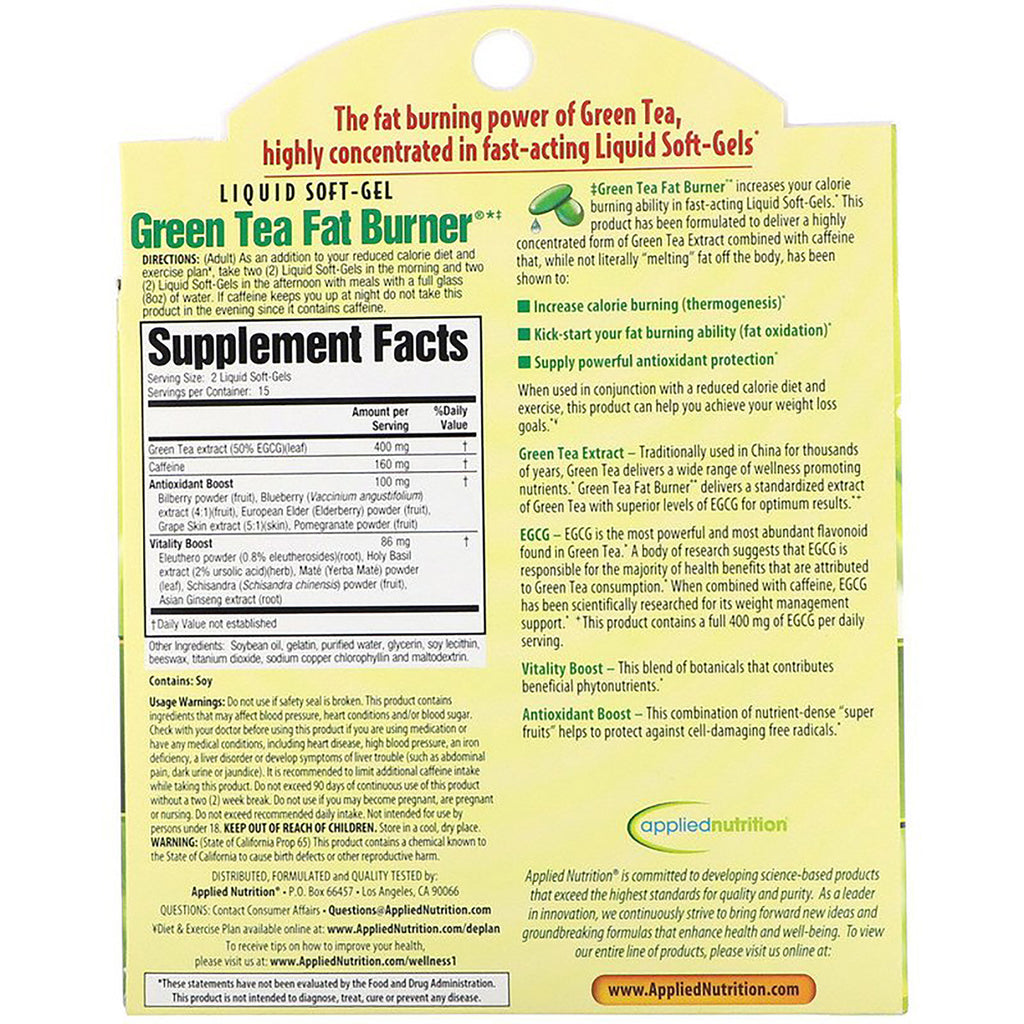 APT002 | Back label showing Supplement Facts, usage directions, and Green Tea Fat Burner product information - Thumbnail