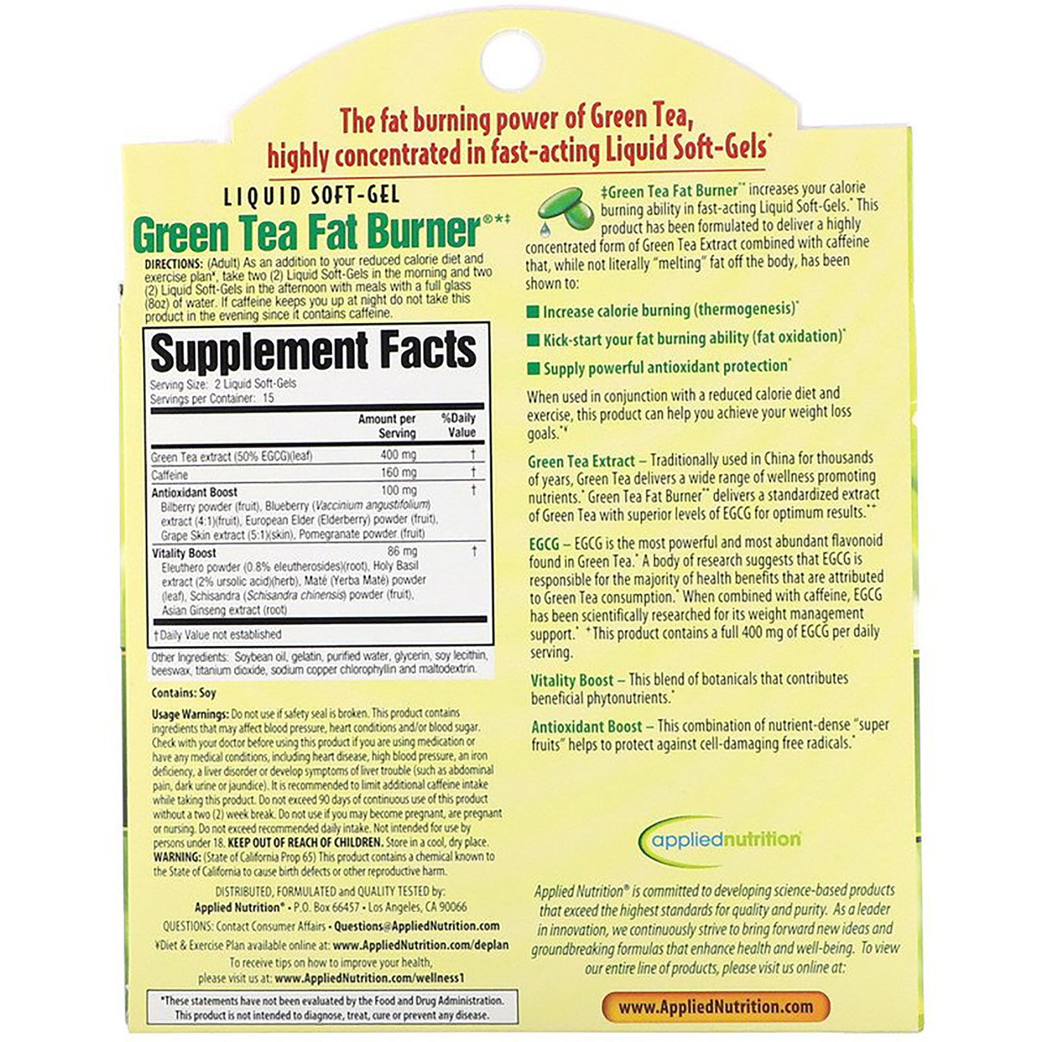 APT002 | Back label showing Supplement Facts, usage directions, and Green Tea Fat Burner product information