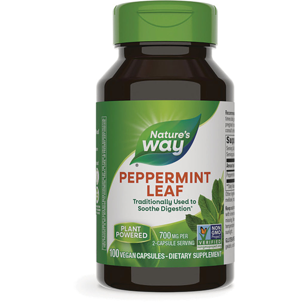 NW942 | Nature's Way Peppermint Leaf dietary supplement bottle front label, 100 vegan capsules, plant powered - Thumbnail
