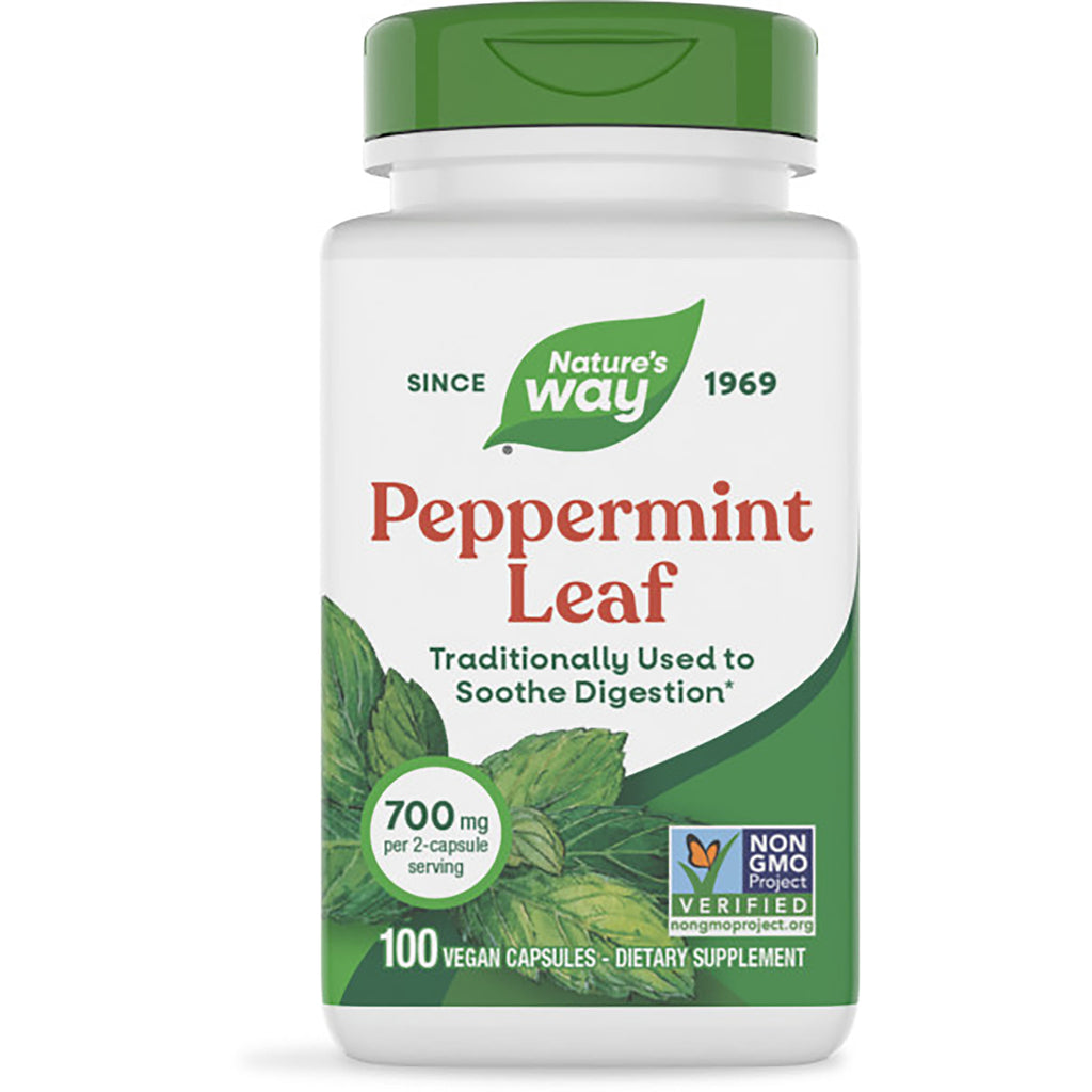 NW942 | Nature's Way Peppermint Leaf dietary supplement bottle front label, 100 vegan capsules, plant powered - Thumbnail