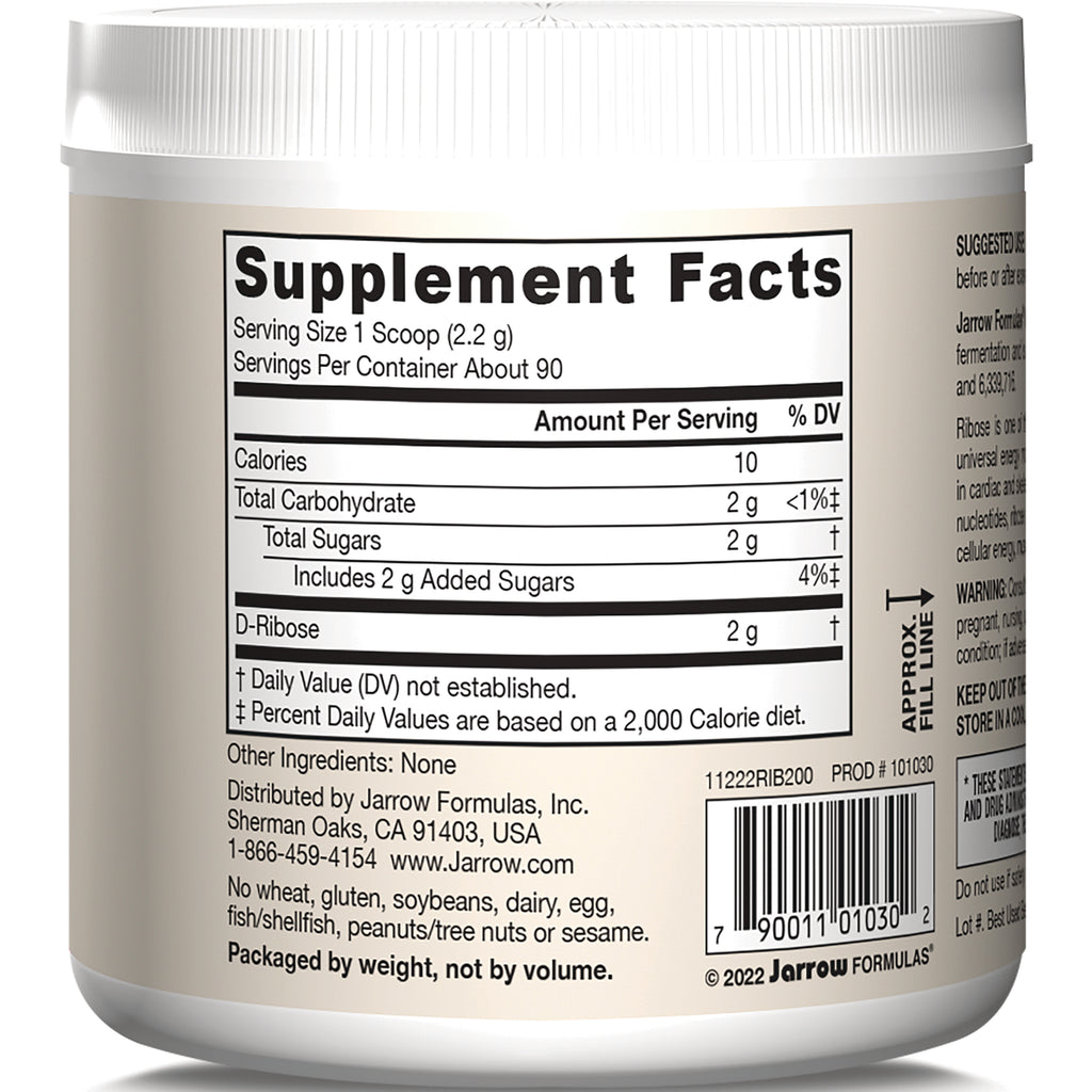 JR066 | back label showing Supplement Facts panel for D-Ribose powder with serving size and nutrition facts - Thumbnail