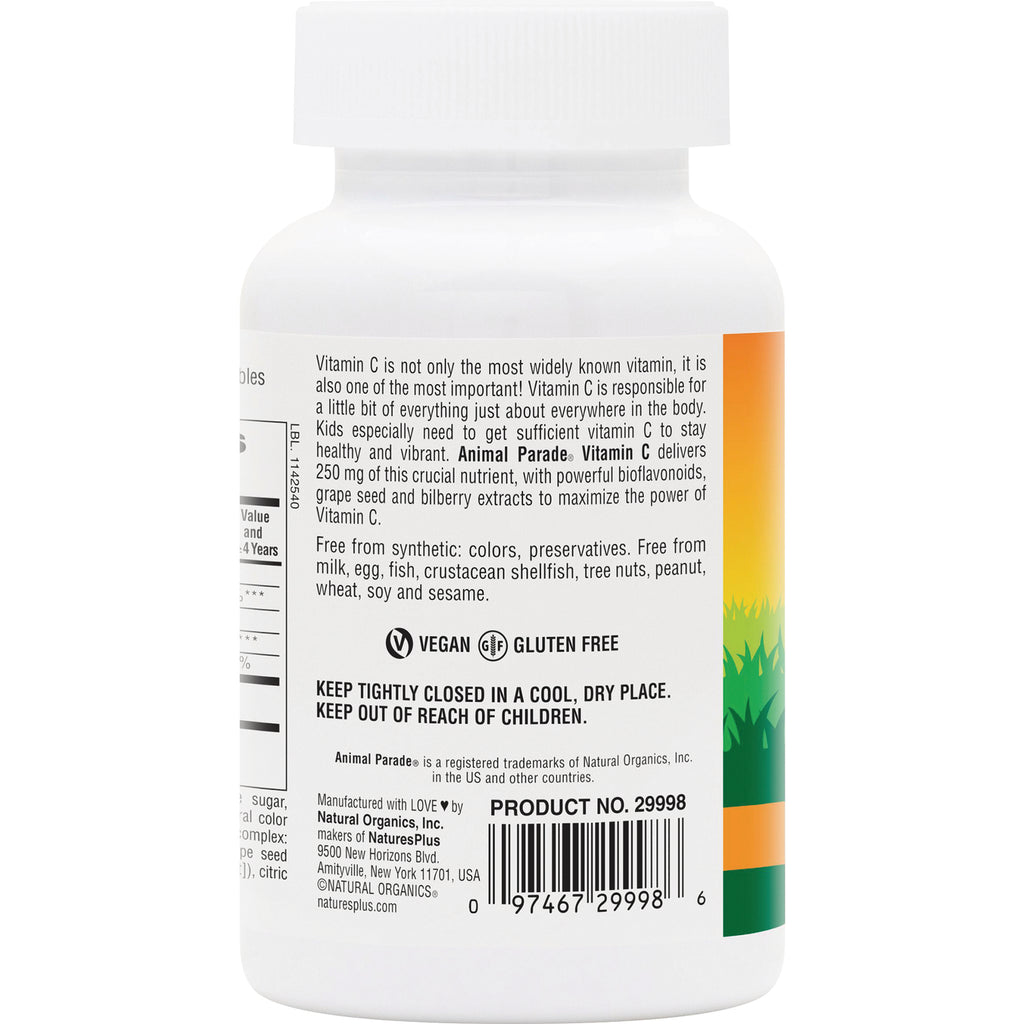 NTP009 | Back label of white vitamin C bottle showing vegan gluten free icons, barcode, product no. 29998 and storage warnings - Thumbnail