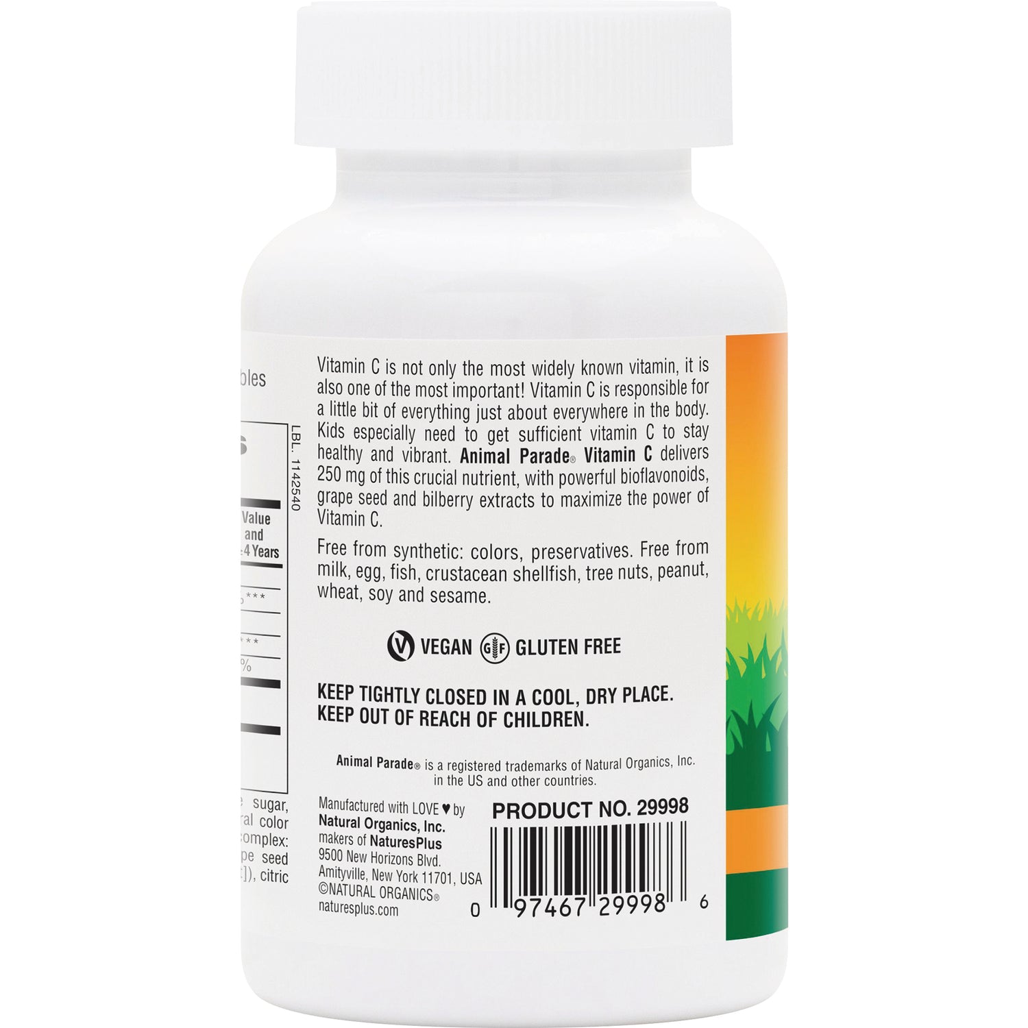 NTP009 | Back label of white vitamin C bottle showing vegan gluten free icons, barcode, product no. 29998 and storage warnings