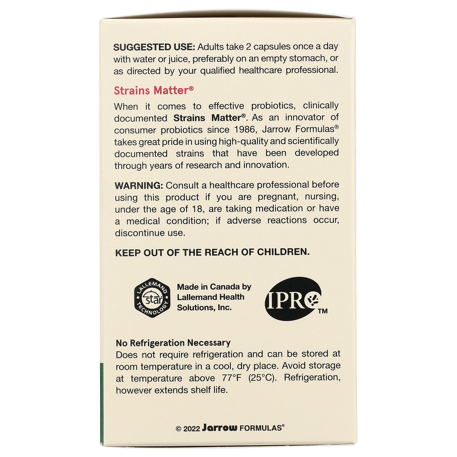 JR063 | Back of probiotic supplement box showing suggested use, warning, storage info and manufacturer logos