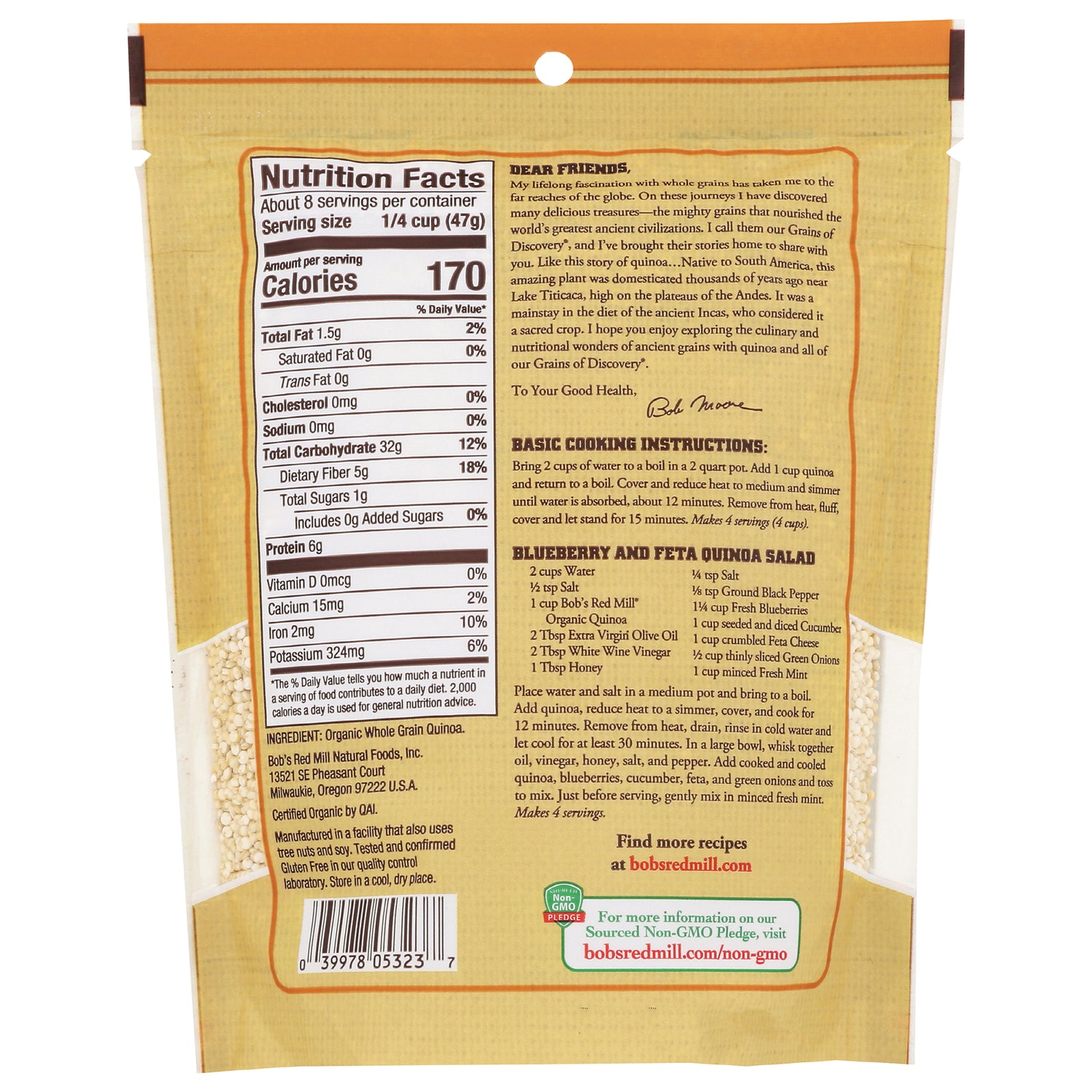 BOB278 | Back of package showing nutrition facts, ingredients, cooking instructions and barcode