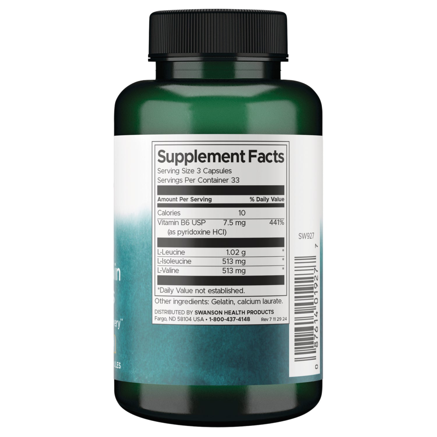 SW927 | Back of supplement bottle with Supplement Facts panel, serving size 3 capsules, B6 7.5 mg