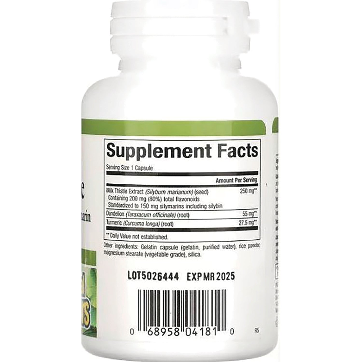 NFC073 | Back of white supplement bottle showing Supplement Facts label, lot LOT5026444 EXP MR 2025 and barcode