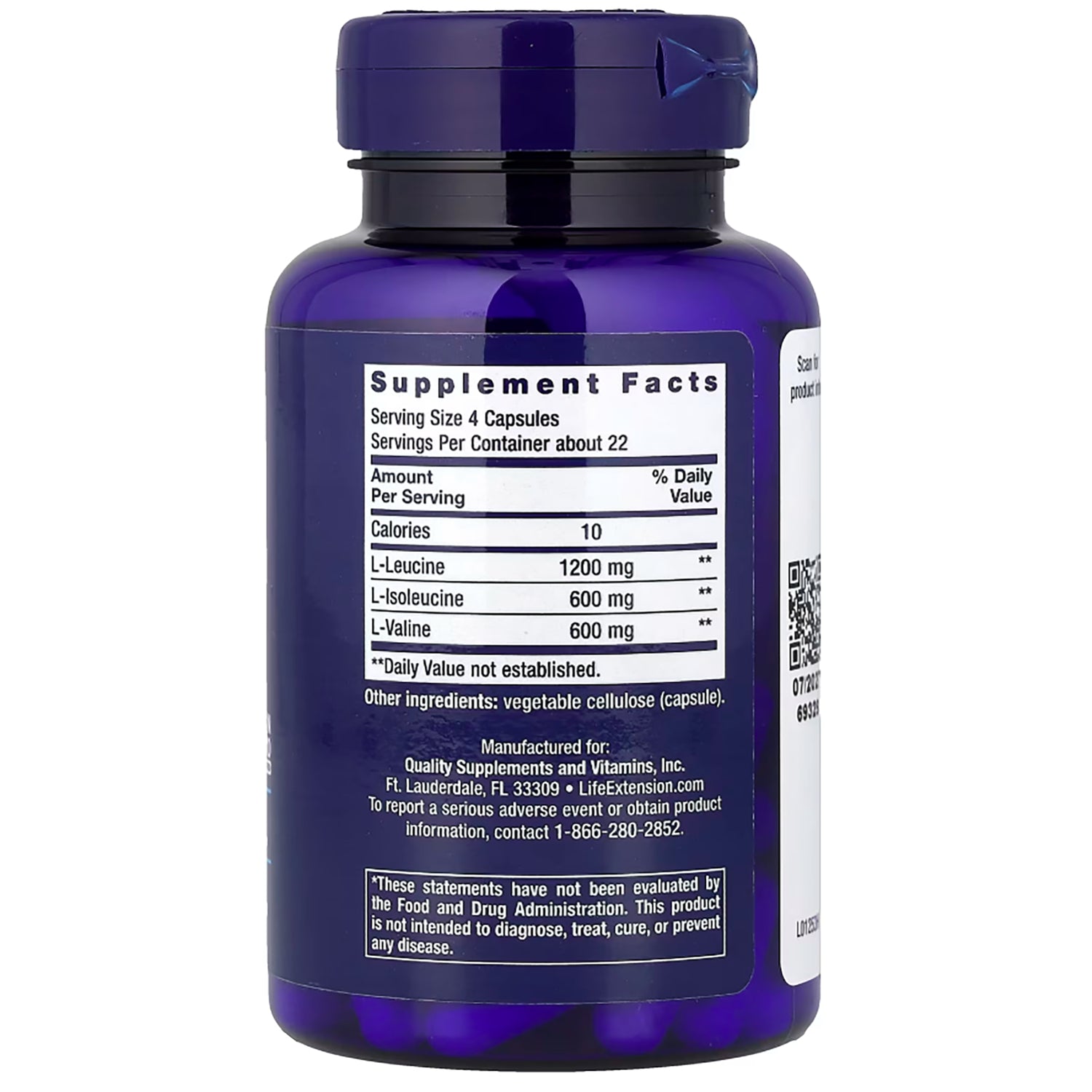 LE100 | back label showing Supplement Facts with serving size and L-Leucine 1200 mg, L-Isoleucine 600 mg, L-Valine 600 mg