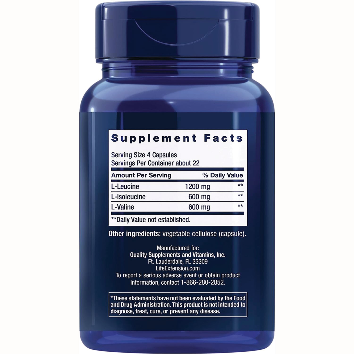 LE100 | back label showing Supplement Facts with serving size and L-Leucine 1200 mg, L-Isoleucine 600 mg, L-Valine 600 mg